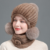 新款 水貂毛帽子女士冬季 户外保暖编织皮草帽子护耳貂皮帽韩版 冬天