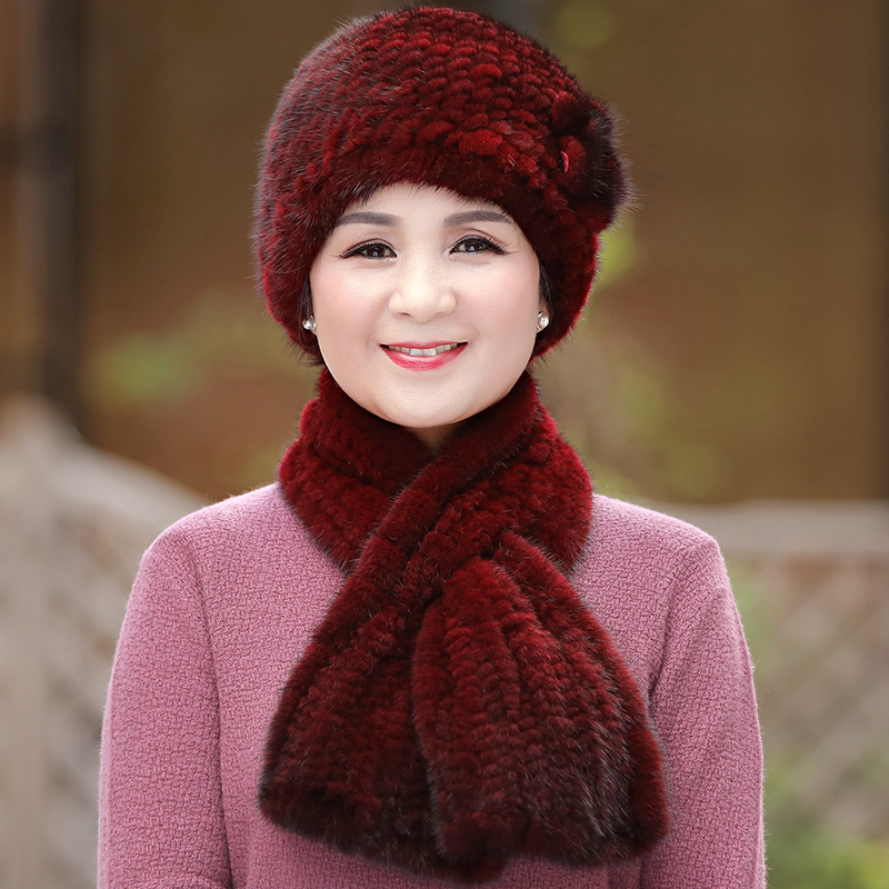 水貂毛帽子户外保暖奶奶帽中老年人皮草帽子优雅花朵编织妈妈帽子