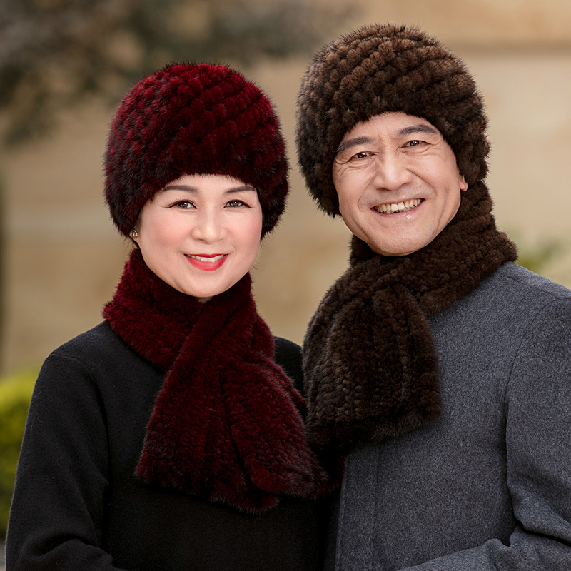 皮草帽子女秋冬季加厚水貂毛保暖帽男士中老年护耳毛线奶奶帽新款