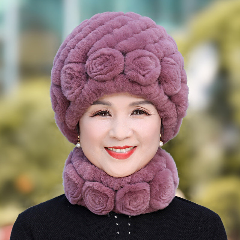 老人獭兔毛编织皮草帽子女冬季新款中老年人奶奶帽加厚保暖包头帽