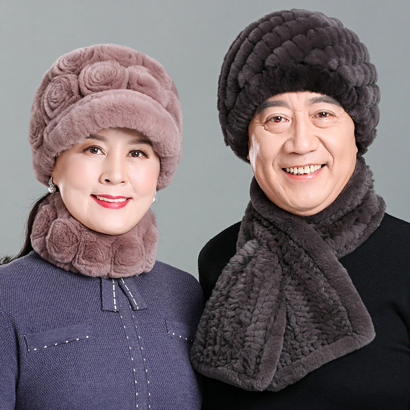 獭兔毛编织皮草帽子女冬天中老年人男士保暖包头帽爸爸妈妈鸭舌帽
