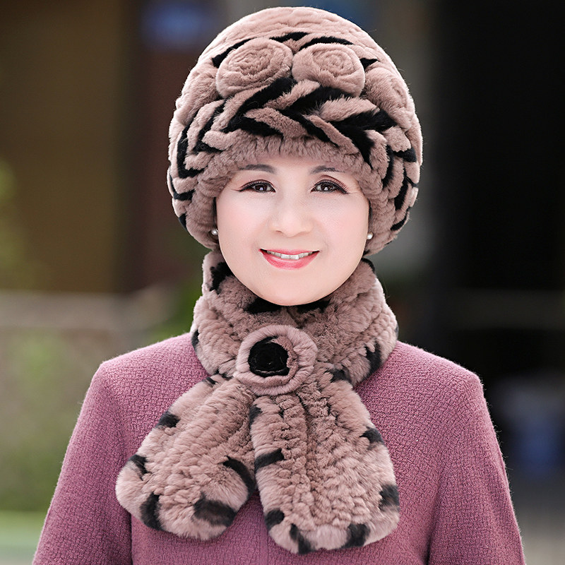 老人帽子女士冬天新款编织拼色皮草帽子中老年户外保暖獭兔毛帽子