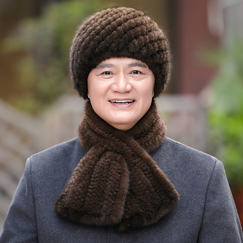 中老年人帽子男士冬天水貂编织皮草帽子保暖老人帽秋冬季爸爸帽子