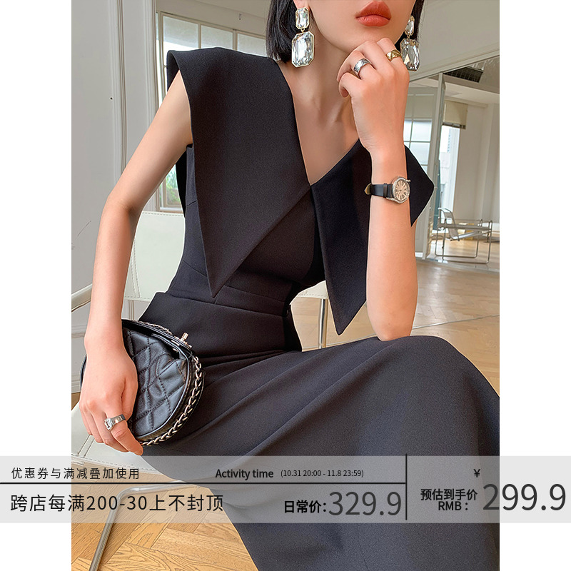 WANGXO黑色赫本风无袖娃娃领连衣裙女夏季2023新款收腰显瘦长裙子