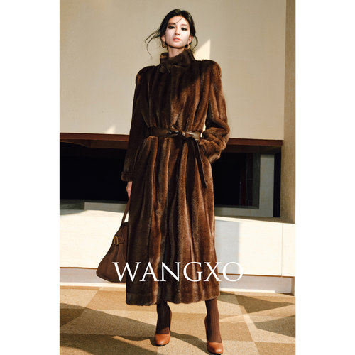 WANGXO｜中古典藏帕斯条水貂质感｜立体抽刀廓形腰带环保皮草大衣