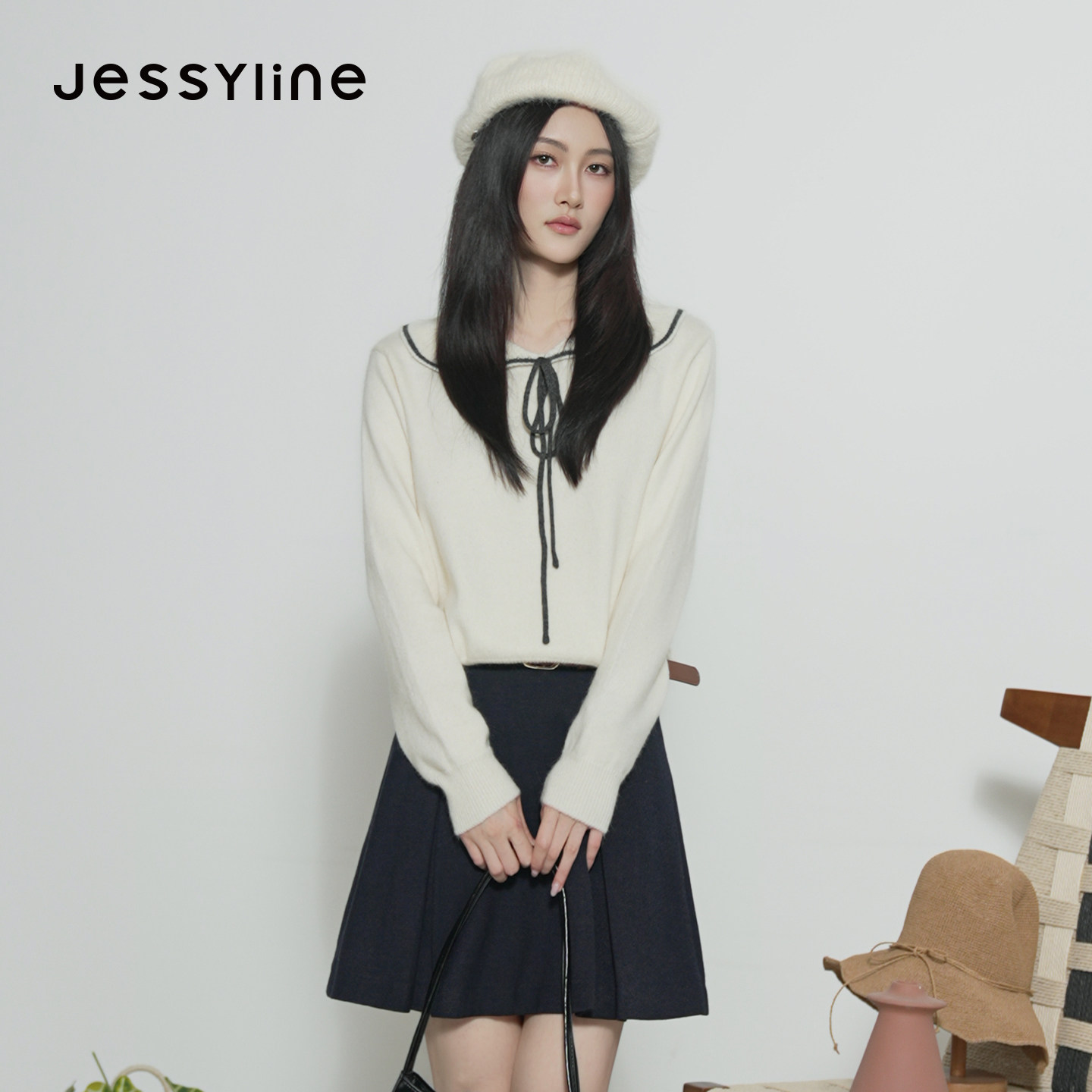 jessyline杰茜莱2026秋冬新款娃娃领系带针织衫女装减龄套头毛衣