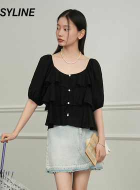 jessyline绝美夏季新款 杰茜莱黑色百搭显瘦短款大圆领短袖衬衫女