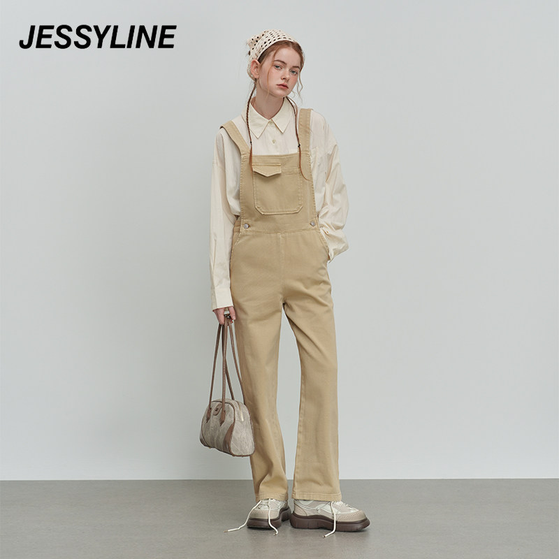 2折特卖款 jessyline杰茜莱春时尚百搭背带连体牛仔直筒长裤女潮