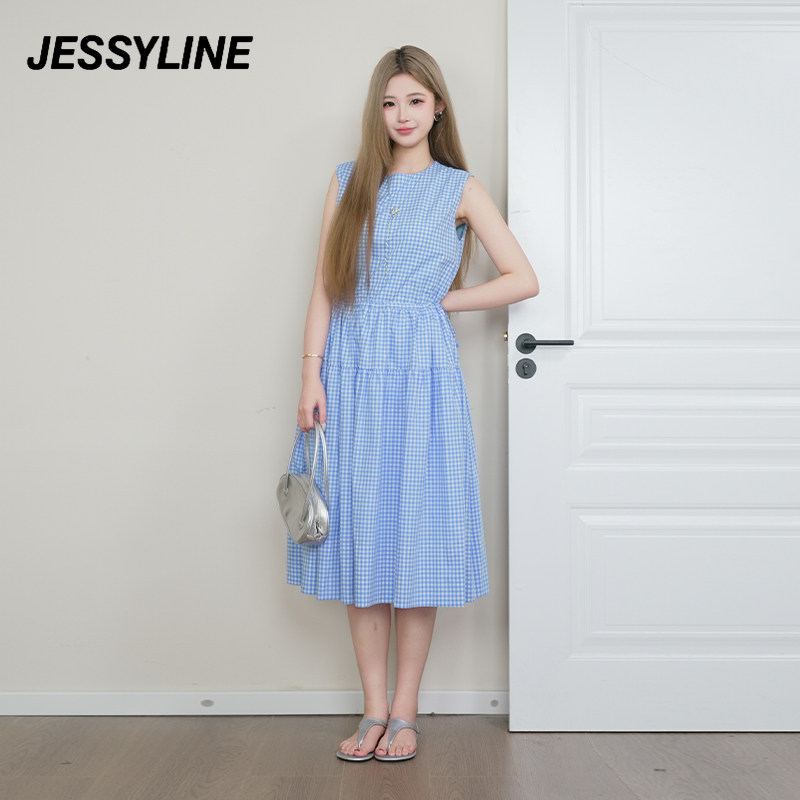 jessyline杰茜莱春夏新中长款时尚蓝色格子减龄收腰显瘦连衣裙女