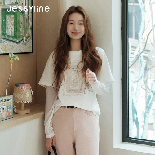 杰茜莱新款白色减龄假两件T恤女