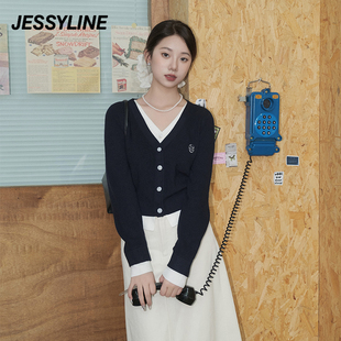 jessyline绝美春秋女装 杰茜莱百搭短款v领假两件针织开衫女毛衣