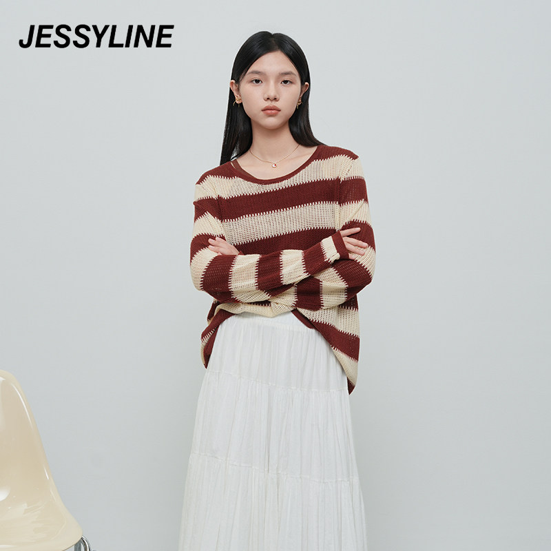 jessyline春秋季新款 杰茜莱百搭红白色条纹宽松显瘦针织衫女毛衣