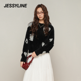2折特卖款 jessyline杰茜莱春秋女装黑色爱心减龄显瘦套头针织衫