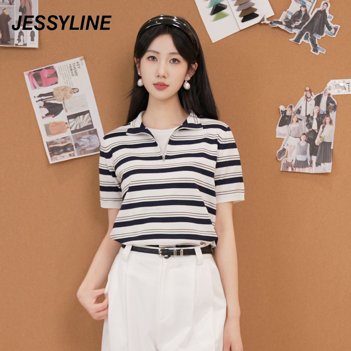 jessyline杰茜莱春夏新款黑白色条纹显瘦miu系短袖针织衫女士上衣