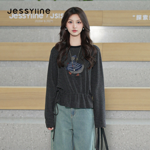 jessyline杰茜莱2026秋新款慵懒风条纹印花长袖T恤女灰色收腰上衣