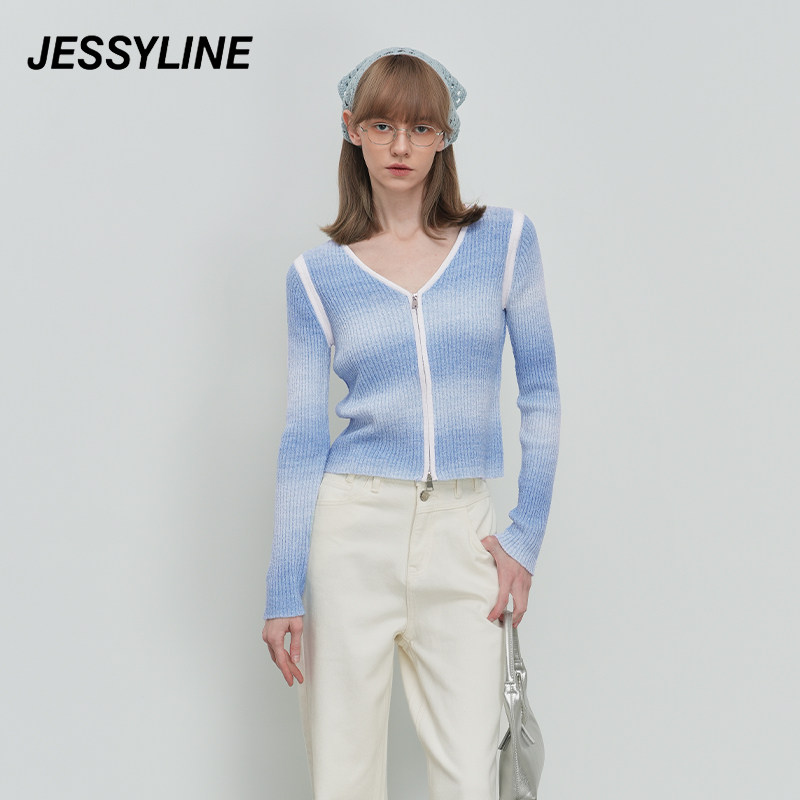 jessyline绝美春装新款 杰茜莱蓝白色渐变修身短款针织开衫女上衣