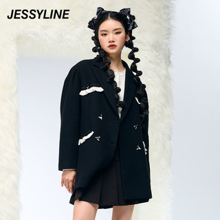 2折特卖款 杰茜莱黑色荷叶边拼接休闲小外套女士西装潮 jessyline