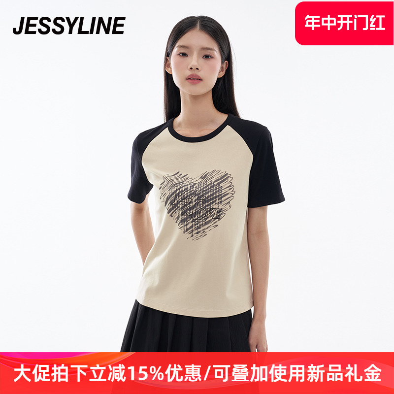 杰茜莱拼接撞色正肩短袖T恤女2024夏季新款甜辣小上衣 jessyline 女装/女士精品 T恤 原图主图