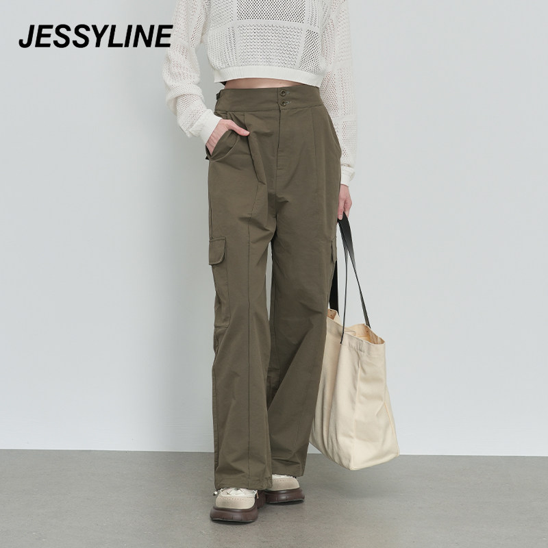 jessyline绝美春装新款 杰茜莱时尚军绿色宽松直筒工装休闲裤女潮