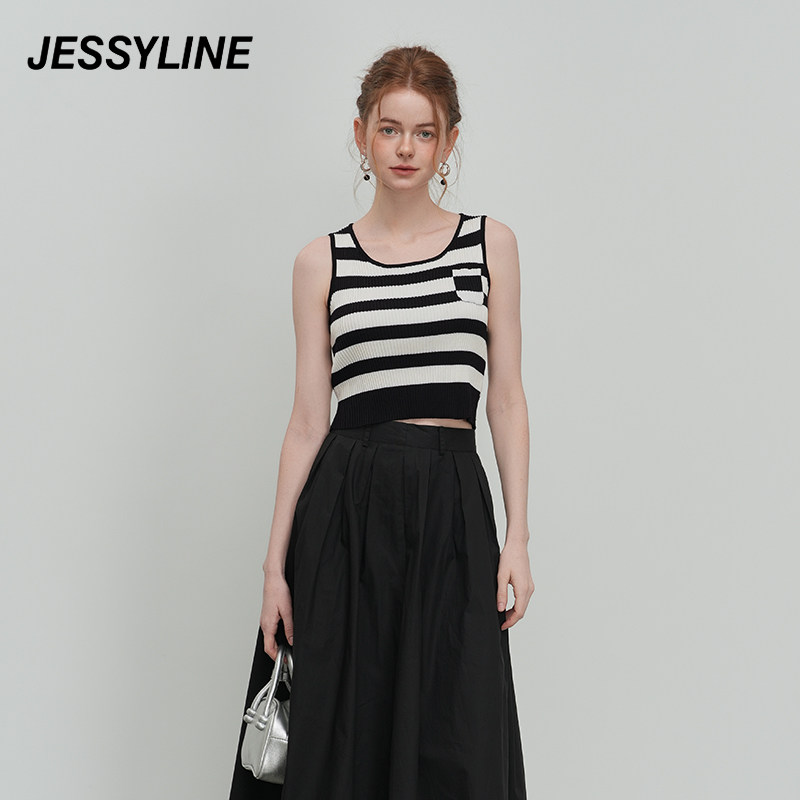 jessyline绝美春夏季新款 杰茜莱黑白条纹修身短款针织背心上衣女