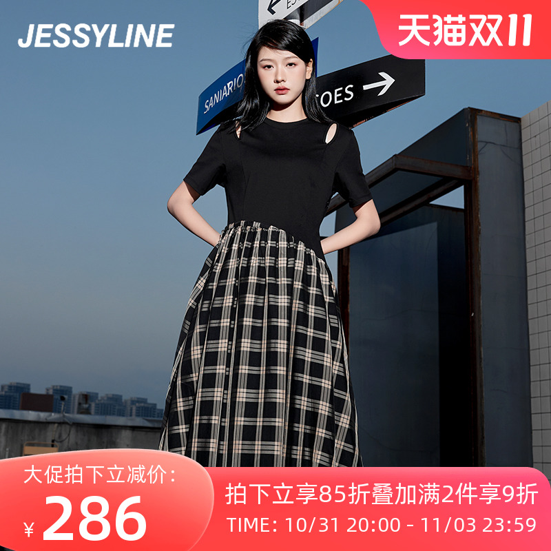 杰茜莱黑色格子拼接连衣裙女2023夏季新款时尚修身裙子 jessyline