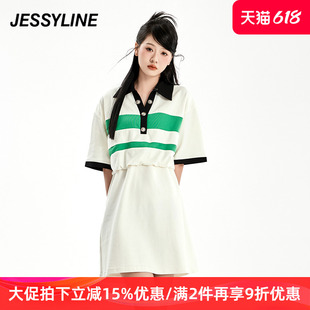 jessyline 杰茜莱黑白拼色收腰翻领连衣裙女高级感夏新款 显瘦裙子