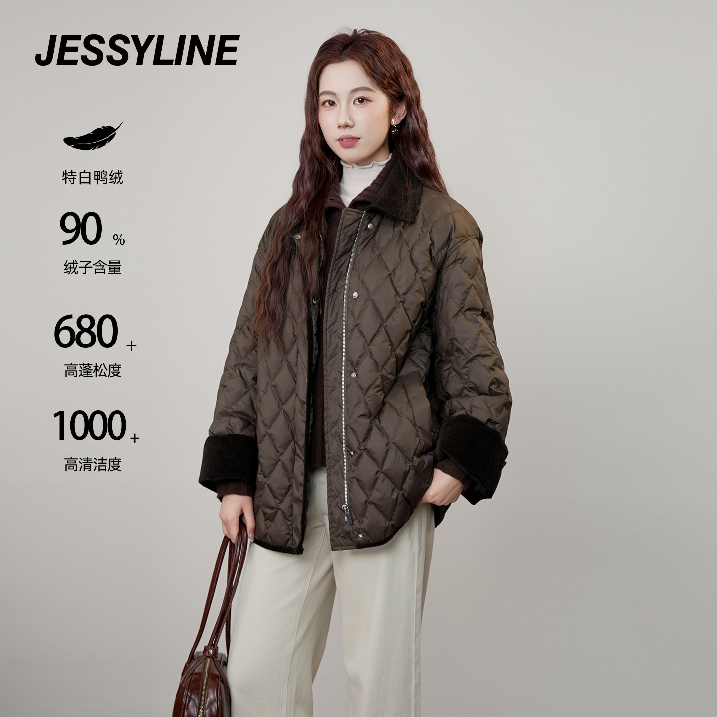 jessyline杰茜莱绝美冬新中长轻薄款时尚美拉德羽绒服女保暖外套