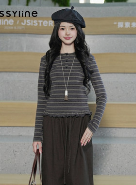 杰茜莱秋新款条纹圆领长袖T恤女