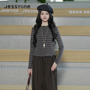 jessyline杰茜莱2026秋冬新款复古风条纹显瘦长袖T恤女花边上衣