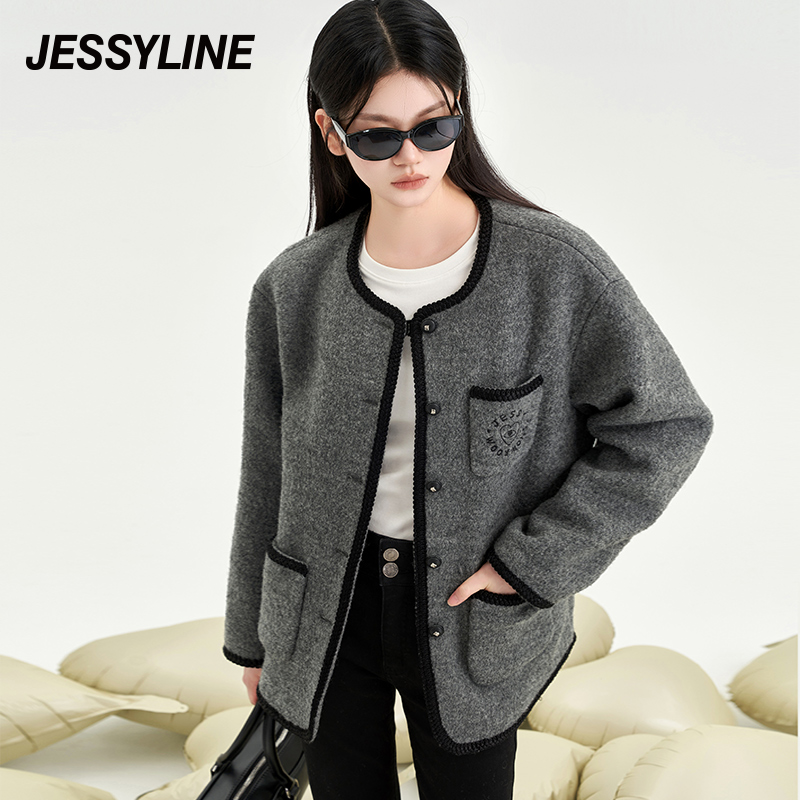 杰茜莱时尚百搭灰色纯羊毛呢外套女秋冬季新款女装大衣 jessyline