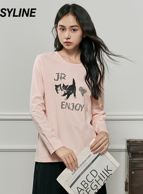 2折特卖款 杰茜莱粉红色字母猫咪百搭长袖T恤女上衣潮 jessyline