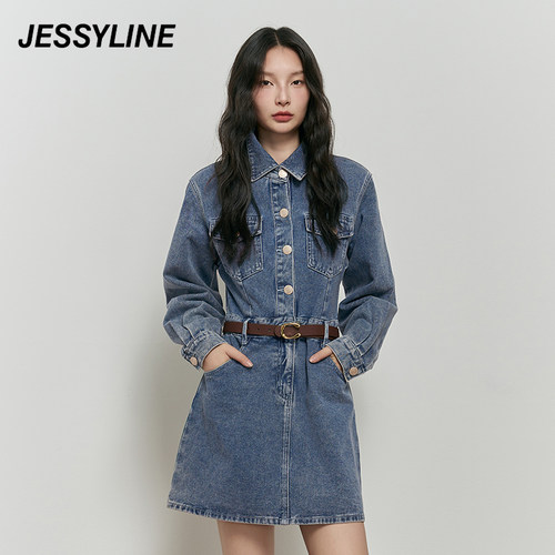 杰茜莱蓝色收腰显瘦牛仔连衣裙女