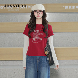 jessyline杰茜莱2026秋新款假两件字母长袖T恤女红色美式辣妹上衣