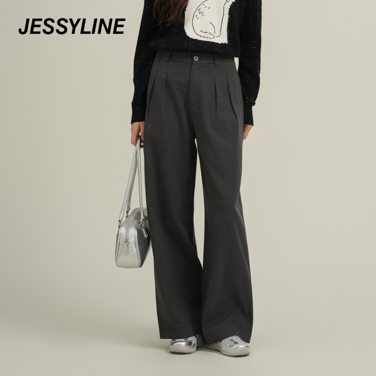 jessyline杰茜莱26新款极简风灰色阔腿裤女秋冬松弛感通勤休闲裤