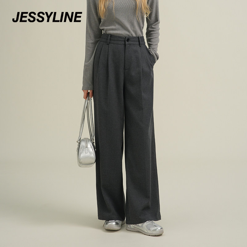 jessyline杰茜莱26新款灰色高腰显瘦百搭极简风阔腿休闲长裤女秋