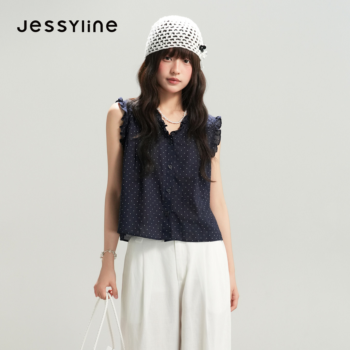 jessyline杰茜莱2026夏新款法式复古荷叶边花边领无袖波点衬衫女