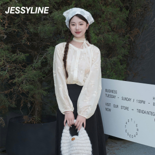 jessyline绝美春秋女装 杰茜莱白色甜美淑女小个子刺绣宽松衬衫女
