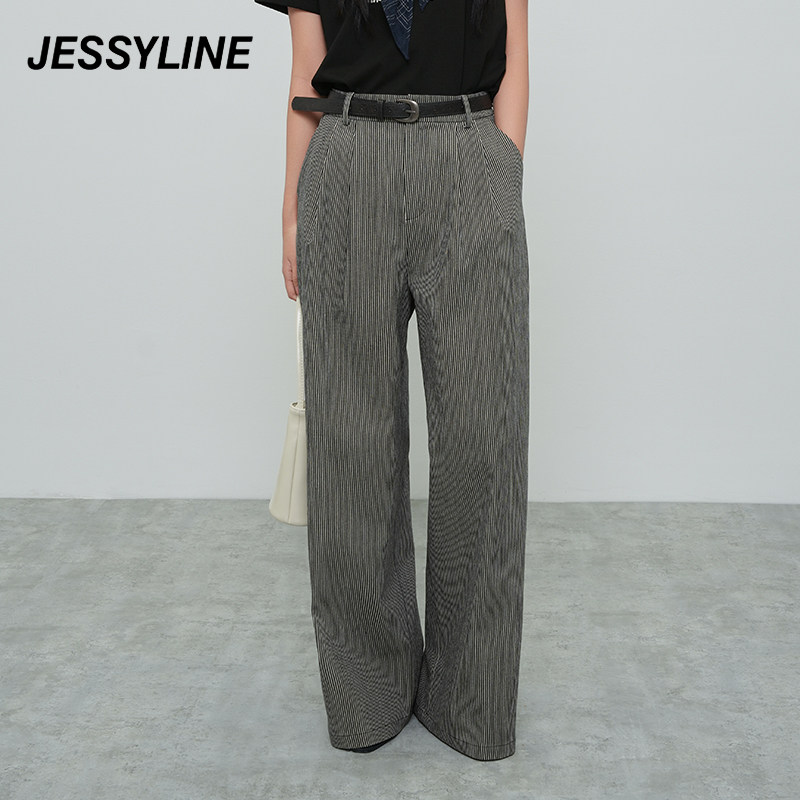 jessyline春秋季新款 杰茜莱时尚百搭条纹宽松显瘦阔腿休闲裤女潮