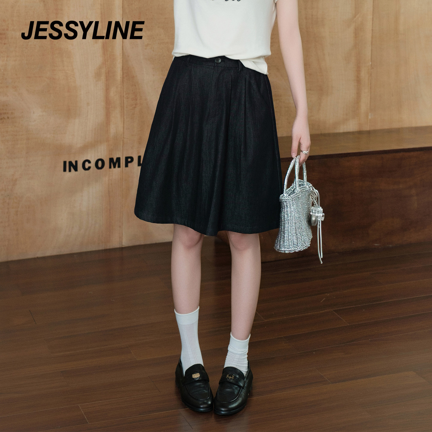 jessyline杰茜莱春夏新款时尚百搭小个子高腰a字休闲牛仔半身裙女