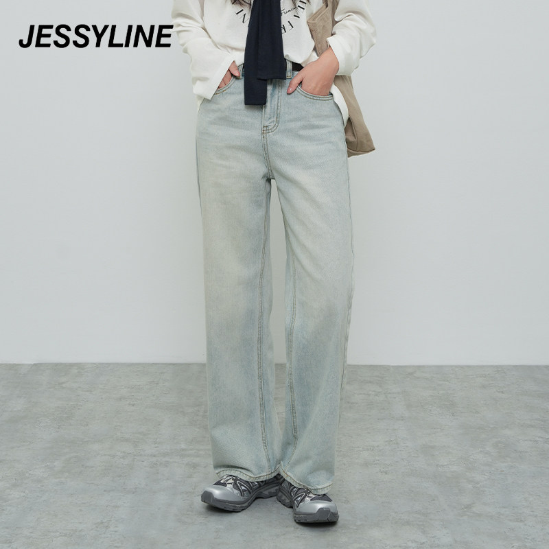 jessyline春秋季新款 杰茜莱时尚百搭宽松显瘦直筒浅色牛仔长裤女