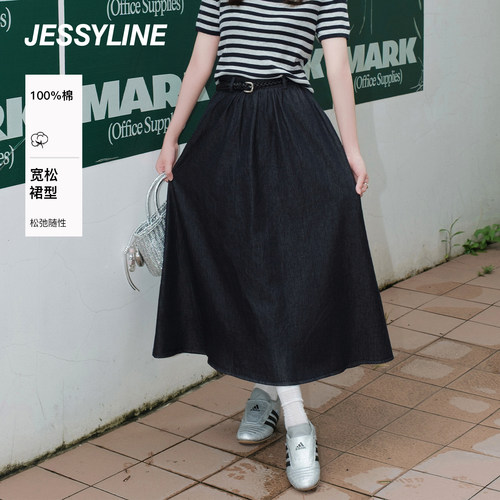 杰茜莱春新款高腰牛仔半身长裙女