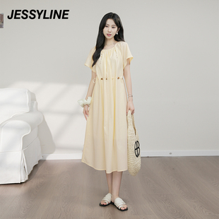 jessyline杰茜莱春夏新中长款时尚黄色小清新减龄洋气短袖连衣裙