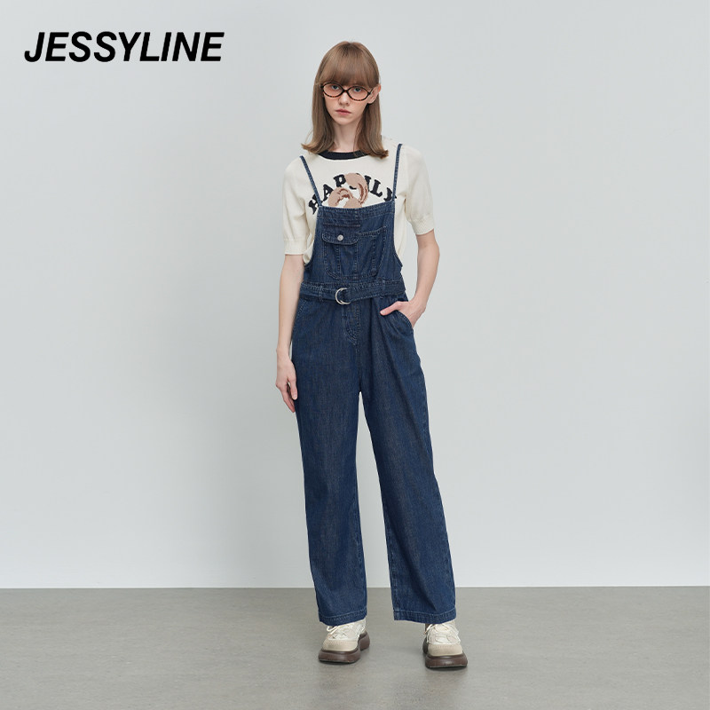 2折特卖款 jessyline杰茜莱春夏时尚百搭背带牛仔直筒连体裤女潮