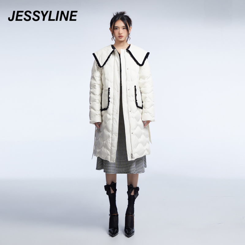 2折特卖款 jessyline女装冬季专柜新品 杰茜莱白色娃娃领羽绒服女