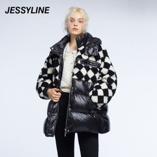 冬季 专柜新品 jessyline女装 2折特卖款 杰茜莱毛绒拼接连帽羽绒服