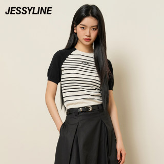 杰茜莱黑白色条纹短袖薄款针织衫女2024春夏新款T上衣 jessyline