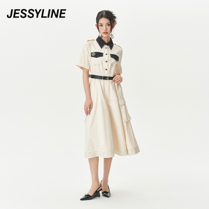 2折特卖款 jessyline夏女装 杰茜莱米色长款收腰连衣裙 325211341