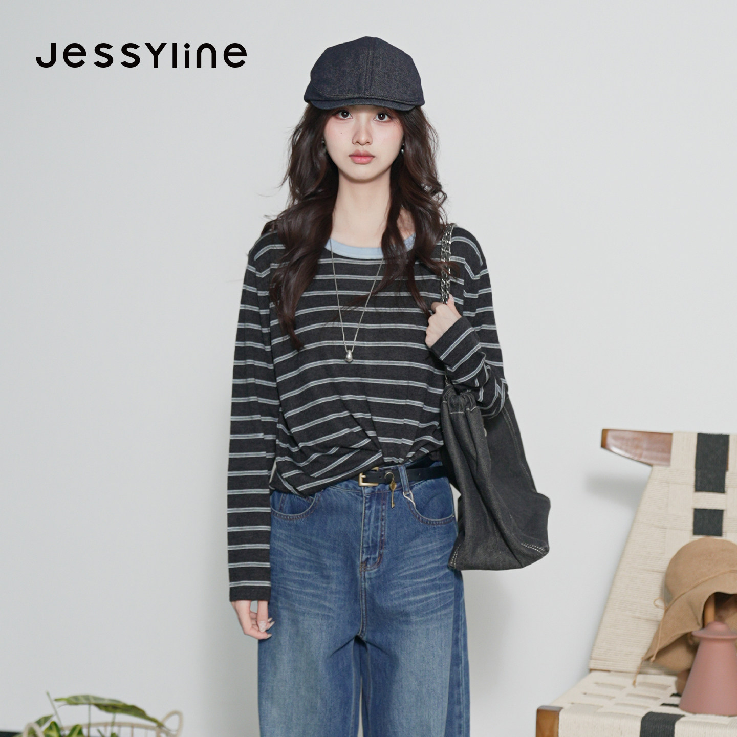 jessyline杰茜莱2026秋冬新款条纹宽松长袖上衣女显瘦百搭针织衫