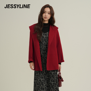 jessyline杰茜莱26秋冬新款红色连帽羊毛呢外套女中长款薄款大衣