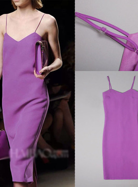 新款jennie李菲儿同款连衣裙中长款修身显瘦紫色无袖吊带气质裙子